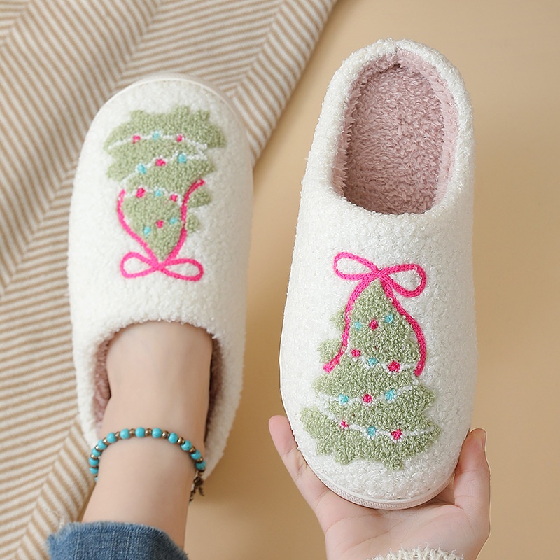 Shoe Tree - รองเท้าแตะผ้าฝ้ายลายต้นคริสต์มาสสำหรับฤดูหนาว สำหรับผู้หญิง คู่รัก น่ารัก ลายการ์ตูน ใส่ในบ้าน