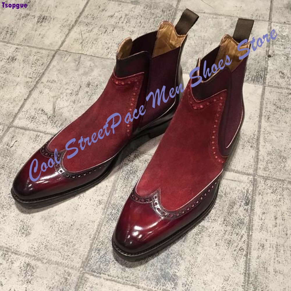 Leather Shoe Polish - รองเท้าบูทเชลซีผู้ชายสไตล์วินเทจสีแดงสองสี หนังกลับขัดเงา รองเท้าบูทข้อสั้นสำหรับงานทางการ ธุรกิจ และงานแต่งงาน